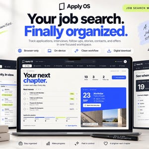 May include: A digital job search workspace interface displayed on three screens. The central screen shows a dashboard with the text Your next chapter, application tracking, and a calendar. The interface features blue and white elements.