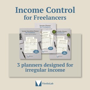May include: Three planners for freelancers with irregular income are displayed. The planners are labelled "Income Smoothing Planner", "Income Planner", and "Income Buffer Planner". The text "Income Control for Freelancers" is at the top. The VirelixLab logo is at the bottom.