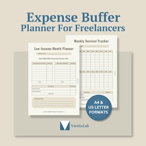 Op de afbeelding: Een kostenbufferplanner voor freelancers. De afbeelding toont twee afdrukbare pagina's: een maandplanner voor lage inkomens en een wekelijkse overlevings-tracker. De planner bevat secties voor inkomsten, uitgaven en een samenvatting. De tekst luidt "Expense Buffer Planner For Freelancers."