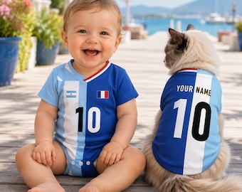 Personalized Half and Half Flag Soccer Baby Suit & Pet Jersey, Custom Shirt with Name and Number, Select any 2 Countries