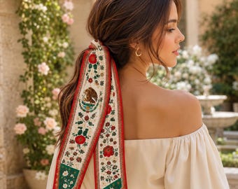 Mexico Satin Hair Scarf, Mexican Flag Floral Twilly Scarf, Red Green Neck Scarf, Bag Scarf, Ponytail Hair Tie Gift