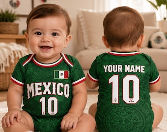 Personalized Mexico Baby Suit, Custom Name Number Soccer Baby Bodysuit, Mexico Football Baby Outfit, Flag Baby Shower Gift