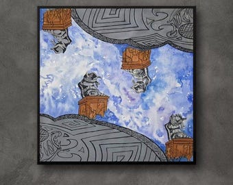 Gran cuadro abstracto griego de los pies de Zeus, paisaje urbano, arte de pared hecho a mano, decoración moderna para el hogar, regalo