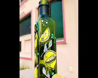 Botella de vidrio pintada a mano con diseño de limón, jarrón decorativo para la cocina, regalo