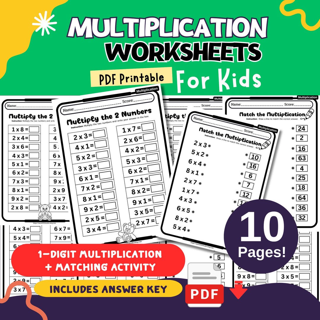 Multiplication Worksheets 1 Digit | Kindergarten Math Printable PDF | Match the Multiplication ...