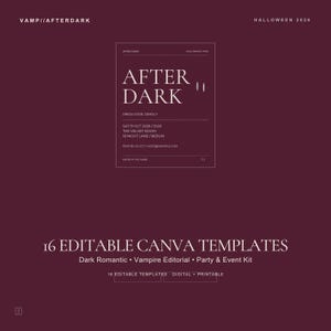 May include: A dark maroon digital graphic featuring white text that reads VAMP//AFTERDARK HALLOWEEN 2026. The center displays an invitation template with the text AFTER DARK, DRESS CODE: DEADLY, SAT 31 OCT 2026/21:00, THE VELVET ROOM, 18 NIGHT LANE/BERLIN.