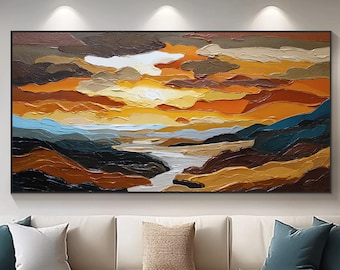 Abstract Sunset River Oil Painting, Heavy Impasto Mountain Wall Art, Colorful Textured Scenery On Canvas, Modern Vibrant Nature Home Decor