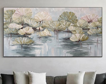 Impasto Textured Lotus Pond Oil Painting, Serene Water Lily Wall Art, Muted Green Floral Leaves On Canvas, Modern Blush Botanical Home Decor
