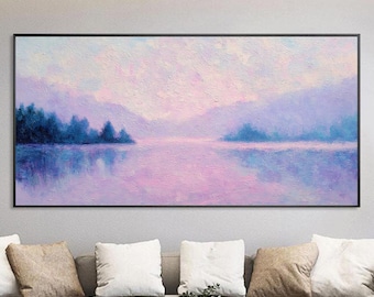 Serene Pastel Lake Oil Painting, Abstract Sunset Nature Wall Art, Original Mountain Impressionist Canvas Art, Water Reflection Home Decor