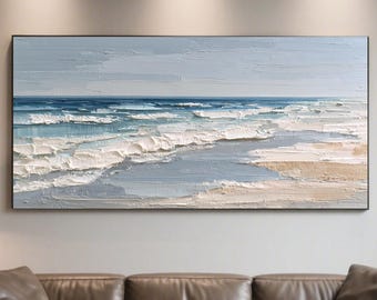Pintura al óleo de olas costeras texturizadas, arte abstracto de playa oceánica, lienzo con paisaje marino con técnica impasto para decoración del hogar