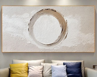 Minimalist Textured Circle Oil Painting, Neutral Beige Abstract Wall Art, Thick Impasto Round Shape On Canvas, Modern Living Room Home Decor