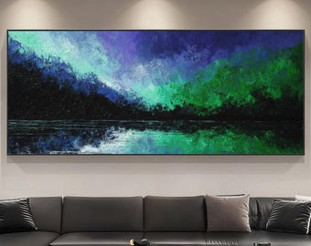 Northern Lights Abstract Oil Painting, Dark Forest Lake Wall Art, Green Original Night Sky Canvas Art, Modern Mountain Reflection Home Decor
