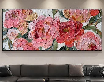 Thick Impasto Pink Rose Oil Painting, Textured Spring Floral Wall Art, Romantic Red Rose On Canvas, Sweet Elegant Living Room Home Decor