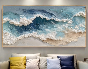Textured Seaside Waves Oil Painting, Heavy Impasto Beach Wall Art, Crashing Seascape Scenery On Canvas, Modern Coastal Interior Home Decor