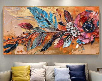 Colorful Boho Feathers Oil Painting, 3D Impasto Textured Floral Wall Art, Original Abstract Blossom Canvas Art, Modern Bedroom Home Decor