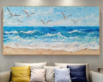 Textured Blue Ocean Waves Oil Painting, Flying Seagulls Coastal Wall Art, Impasto Summer Beach Canvas Art, Serene Seascape Nature Home Decor