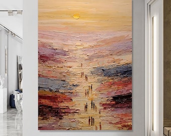 Abstract Sunset Landscape Oil Painting, Textured Walking Figures Wall Art, Warm Pink Sunrise On Canvas, Modern Impasto Bedroom Home Decor