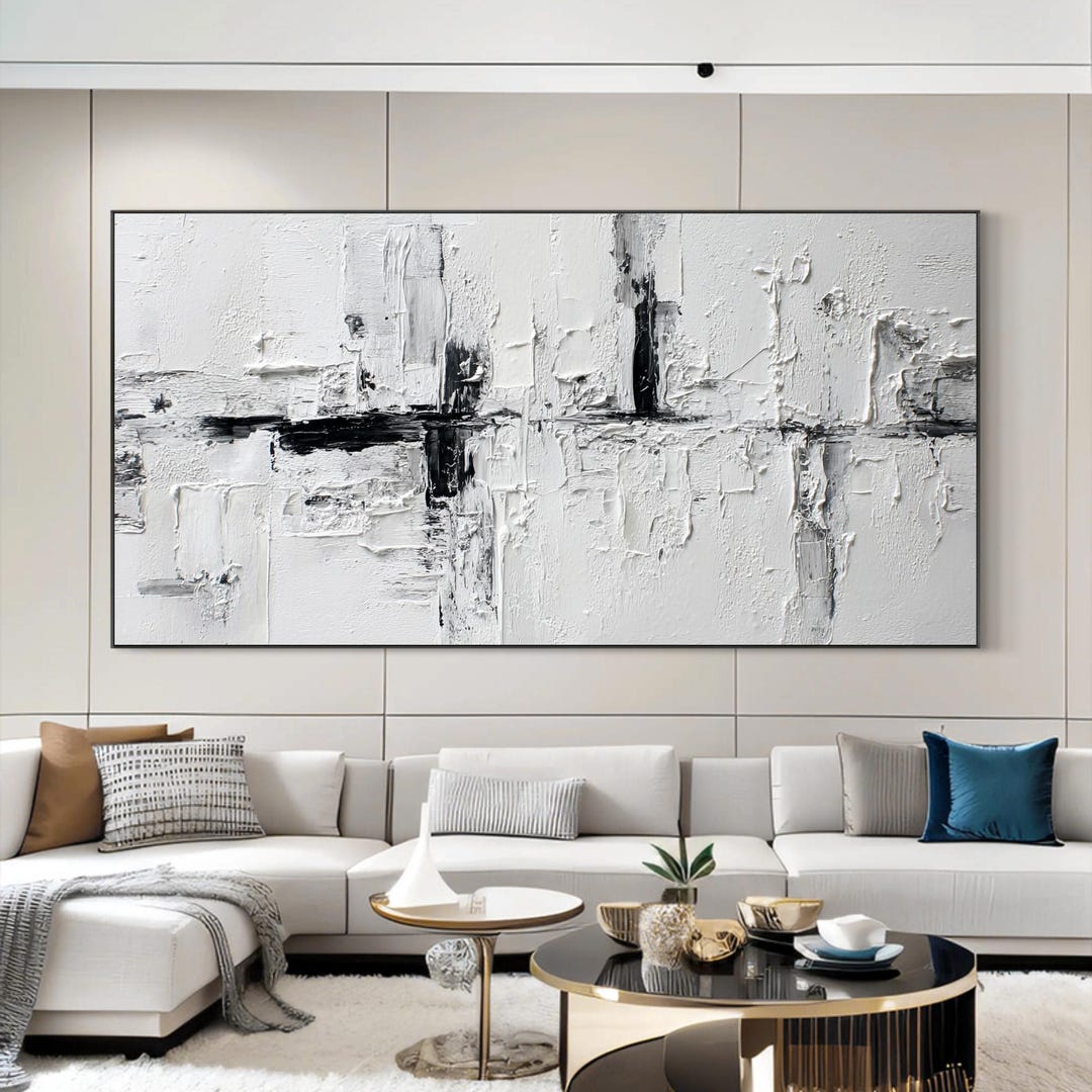 Thick Black White Abstract Oil Painting, Minimalist Textured Wall Art ...