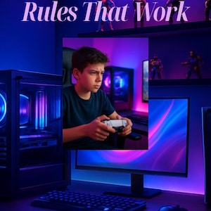Peut inclure: Une personne concentrée sur un jeu vidéo, tenant une manette. L'image comprend le texte "Screen Time Rules That Work" et "Digital Wellness Expert". La scène est éclairée par des néons bleus et violets, avec du matériel de jeu visible.