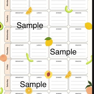 May include: A weekly meal planner with a white background and a grid layout. The planner includes sections for breakfast, lunch, dinner, and snacks for each day of the week. Decorative fruit illustrations surround the planner.