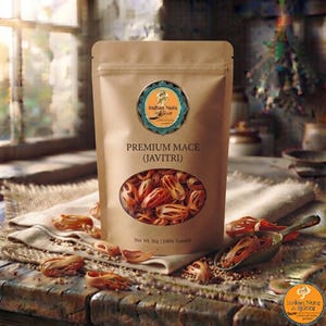 May include: A tan stand-up pouch containing dried mace blades, labelled Premium Mace (Javitri) with a net weight of 50g. The packaging features a circular window displaying the orange-red spice, a logo, and the text 100% Natural.