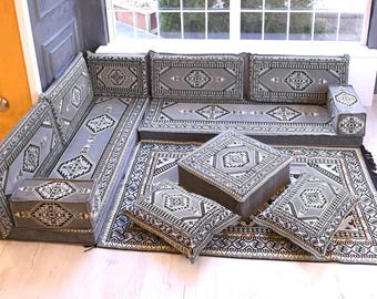 Sofa w kształcie litery L, sofa modułowa, poduszka na podłogę, sofa arabska, unikalna poduszka, poduszka kilim, kanapa podłogowa, siedzisko majlis