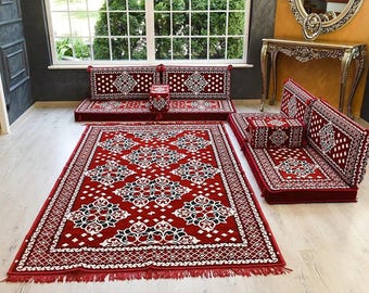 White and Red  Floor Sofa, Sectional sofa, Floor Cushion Daybed, Arabic Sofa, Unique Cushion, Kilim Cushion, Floor Couch, Reading Nook