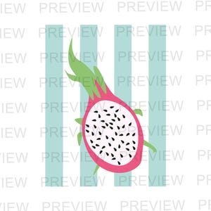 May include: A colorful illustration of a dragon fruit, cut in half, revealing black seeds inside. The fruit is pink with green accents and is set against a backdrop of vertical light blue stripes on a white background.