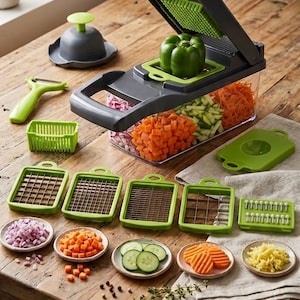 May include: A dark gray vegetable chopper with a clear collection container filled with diced carrots, cucumbers, and onions. Includes a green bell pepper, a green peeler, and five interchangeable green blade inserts for various cutting styles.