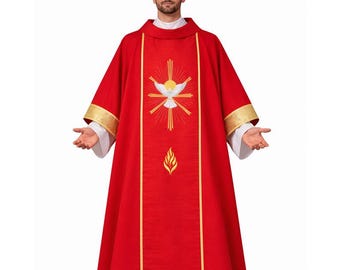 Vestimenta litúrgica roja, Dalmática del Espíritu Santo de Pentecostés, utilizada específicamente por los diáconos durante las celebraciones litúrgicas.