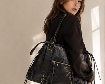 Grand sac bowling femme cuir brillant Made in Italy – Sac porté épaule format A4 vintage chic