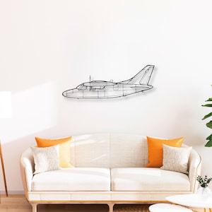 May include: A black metal wall art piece shaped like the silhouette of a twin-engine airplane. The design features clean, minimalist lines outlining the fuselage, wings, cockpit windows, and tail section of the aircraft in a side profile view.