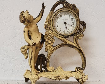 Figural Cherub New Haven Mantle Clock, French White Over Nouveau Bronze, Not Working