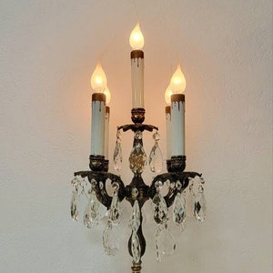 Five Light Spanish Brass and Crystal Candelabra or Table Chandelier
