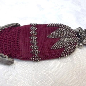 Small Antique Red Crochet Wristlet Purse With French Cut Steel Beads