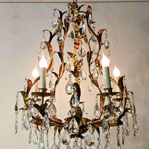 Large Gold Gilded Italian Leaf and Vine Basket Chandelier Dripping With Over 100 Crystals