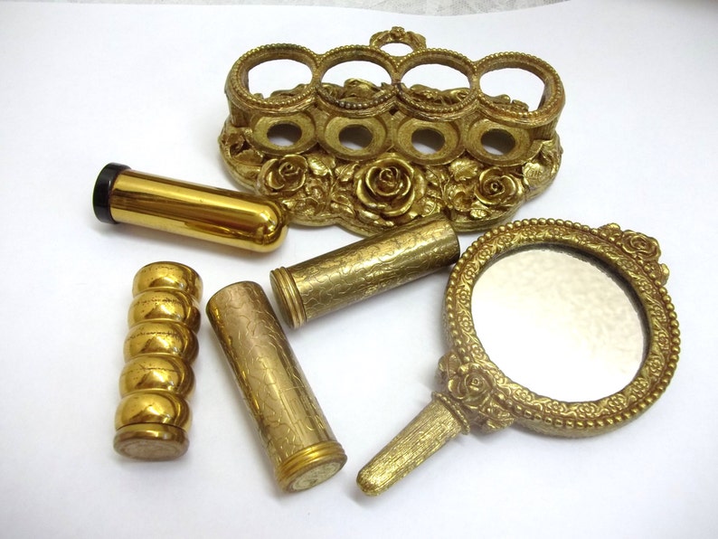 Vintage Ormolu Lipstick Holder Stand Detachable Mirror And Etsy