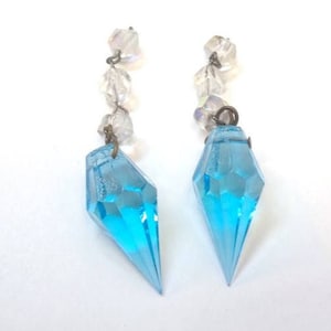 Set of Two Tiny Vintage Italian Aqua Blue Chandelier Spear Prisms