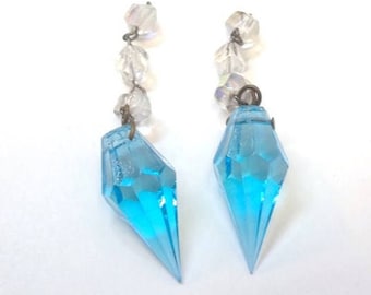 Set of Two Tiny Vintage Italian Aqua Blue Chandelier Spear Prisms