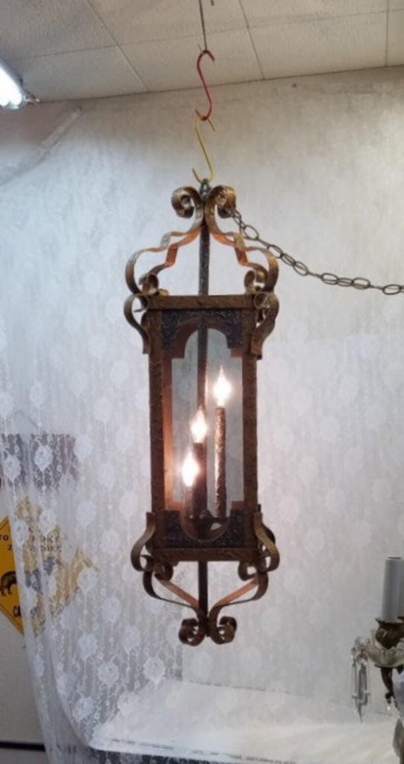 Large Curled Wrought Iron Lantern Light Antique Gold Dark Silver Gray Textured Metal Glass Panels Spanish Revival Swag Farmhouse Dd 1489