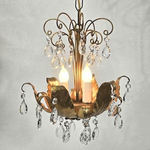 May include: A gold-toned metal chandelier with a floral design and crystal drops. The chandelier has two light bulbs and is hanging from a chain.