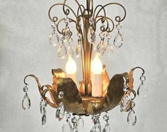 Petite Italian Crystal Chandelier: Gold Gilt Leaves, Hollywood Regency