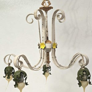 Chippy White Wrought Iron Italian Tole Chandelier With Pastel Painted Flowers and Leaves