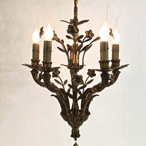 Small Antique French Ornate Bronze Chandelier With Long Stem Brass Flowers