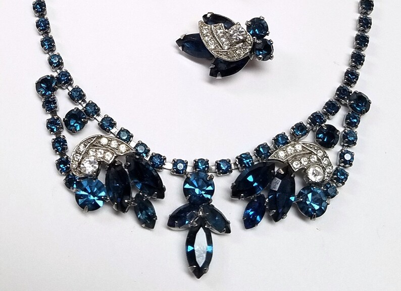Weiss Blue Rhinestone Necklace and Earring Set Designer Blue Bridal Set DD 1609