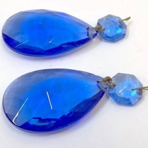 Two Vintage 2" Blue Chandelier Crystals Teardrops
