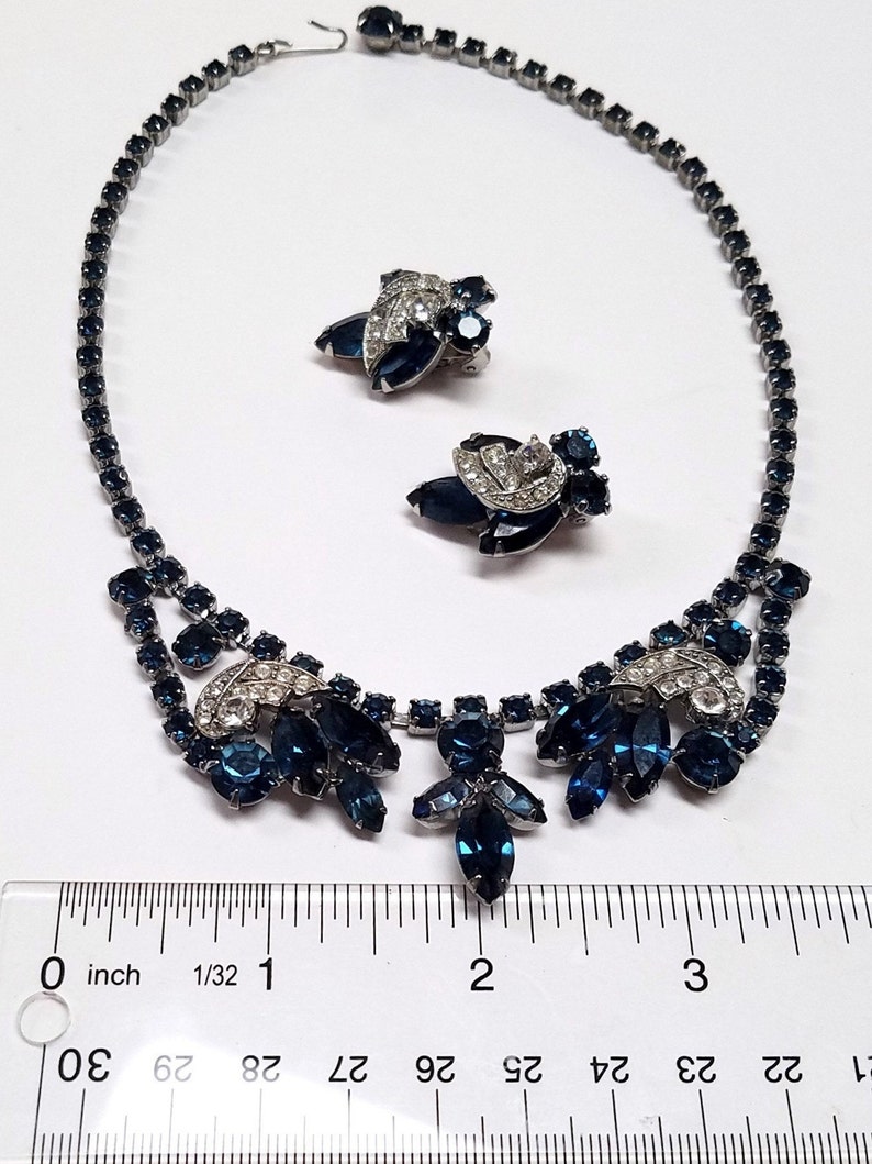 Weiss Blue Rhinestone Necklace and Earring Set Designer Blue Bridal Set DD 1609