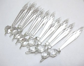 Lot of 8 Vintage ICICLE SPEAR CRYSTAL CHANDELIER Lamp PRISMS with OCTAGON TOP