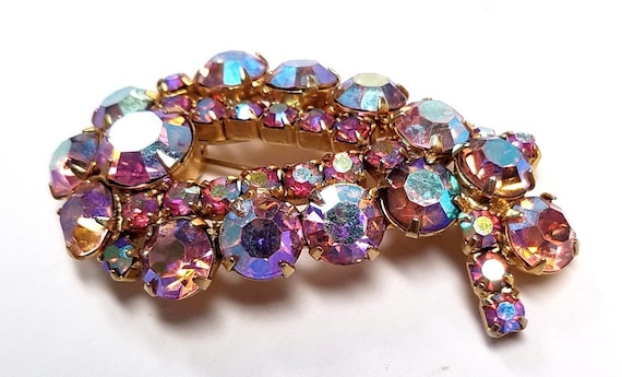 Large Aurora Borealis Pink Rhinestone Brooch