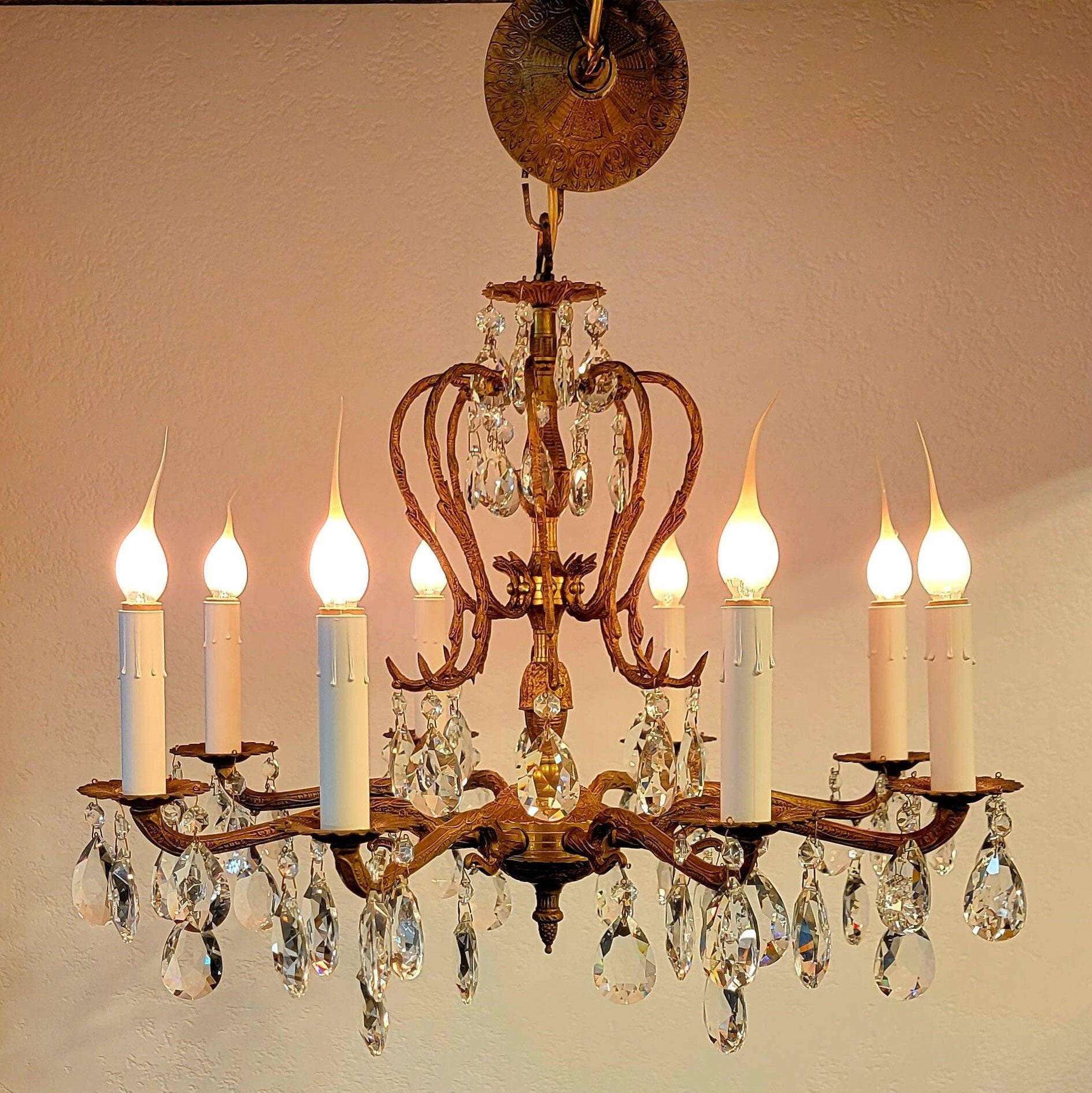 Mid Century Spanish Crystal Chandelier With Eight Lights and